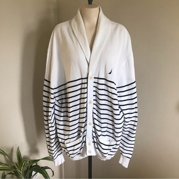 NAUTICA Cardigan White Blue Stripes Spring 100% Cotton Plus Size 3XL 3X​​ - Picture 1 of 7